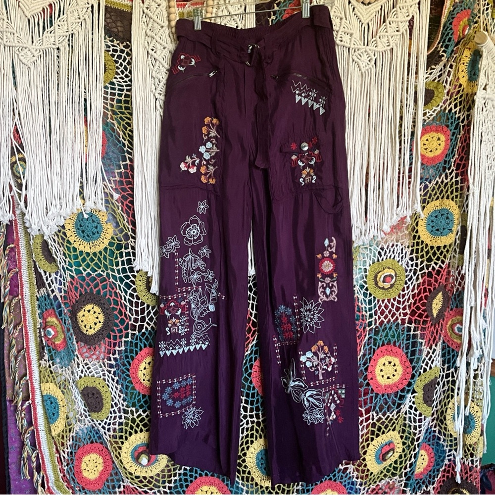 NWT$358 Johnny Was Biya B882249 Wide Leg Embroidered Pants Sample